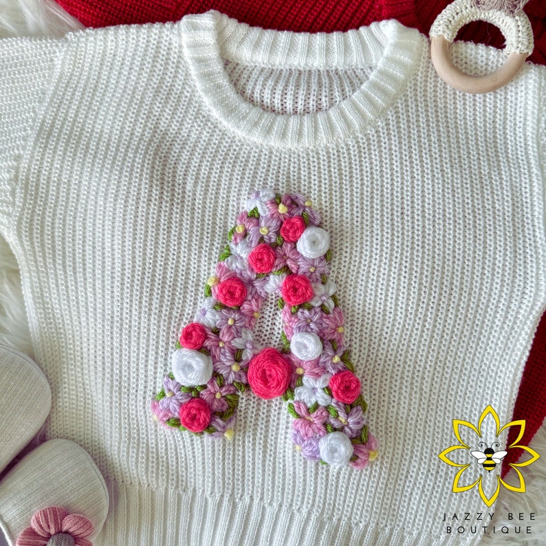 Personalized Hand Embroidered sweater, Custom Floral Initial baby sweater, Hand Embroidered toddler sweater, Hand Embroidered kids sweater image 2