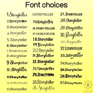 Pode incluir: Um gr&aacute;fico com 37 op&ccedil;&otilde;es de fonte diferentes para a palavra "Storyteller". As fontes s&atilde;o numeradas de 1 a 37. O gr&aacute;fico est&aacute; sobre um fundo amarelo.