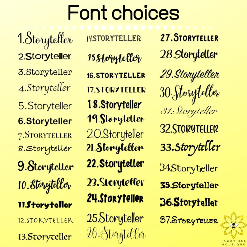 Pode incluir: Um gr&aacute;fico com 37 op&ccedil;&otilde;es de fonte diferentes para a palavra "Storyteller". As fontes s&atilde;o numeradas de 1 a 37. O gr&aacute;fico est&aacute; sobre um fundo amarelo.