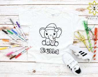 Custom Christmas Elephant coloring shirt for kids, Color your own shirt, Personalized coloring shirt, Elephant shirt, Christmas tee, Holiday