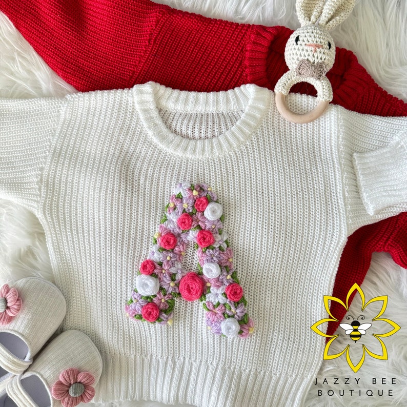 Personalized Hand Embroidered sweater, Custom Floral Initial baby sweater, Hand Embroidered toddler sweater, Hand Embroidered kids sweater image 1