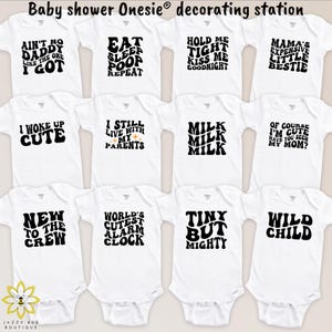 Baby Shower Onesie® Decorating Kit, Custom Iron-On transfers, Funny DIY Baby Clothes, DIY Baby Shower Activity, DIY retro custom Onesies®