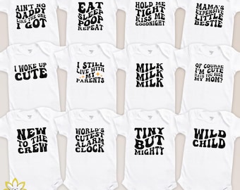 Kit de decoración para bodys de baby shower, transferencias termoadhesivas personalizadas, ropa divertida para bebés hecha a mano, actividad para baby shower hecha a mano, bodys retro personalizados hechos a mano.