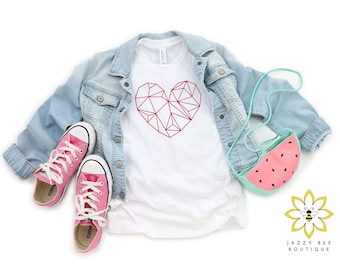 Kinderherz-Shirt, Kinderhemd, Herz-Shirt, Geometrisches Herz-Shirt, Valentinstag-Shirt, Mädchen-Shirt, Modernes Herz-Shirt, Mosaik-Herz-T-Shirt