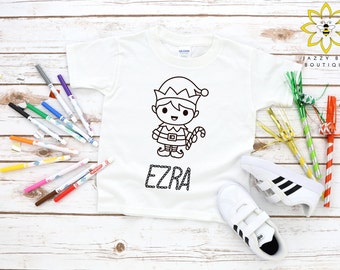 Custom Christmas Elf coloring shirt for kids, Color your own shirt, Personalized coloring shirt, Elf shirt, Christmas tee, Holiday Elf tee