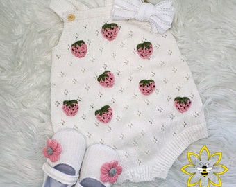 Hand Embroidered Strawberry design baby romper, Custom Baby one piece, Hand Embroidered baby bodysuit, Embroidered strawberries on a romper