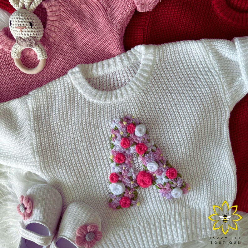 Personalized Hand Embroidered sweater, Custom Floral Initial baby sweater, Hand Embroidered toddler sweater, Hand Embroidered kids sweater image 5