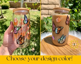 Butterflies and flowers Glass cup, Holographic design Iced Coffee Glass, Butterfly glass cup, Cold drink Glass, Bridal Shower Gift, birthday