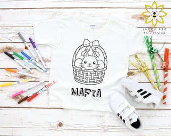Custom Easter Bunny in a basket coloring tee, Bunny coloring shirt for kids, Color your Easter shirt, Personalized shirt, Kids Easter shirt