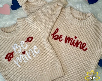 Hand Embroidered Valentine's Day sweater, Be Mine baby sweater, Hand Embroidered toddler sweater, Embroidered kids sweater, Be Mine sweater