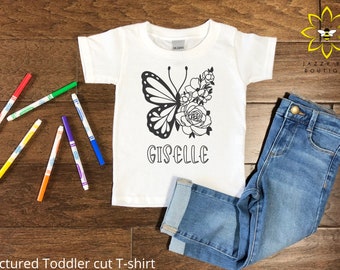 Custom Floral Butterfly coloring shirt for kids, Color your own shirt, Personalized coloring shirt, Butterfly shirt, Kids Butterfly tee