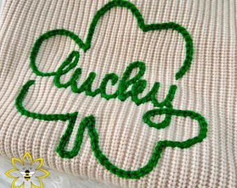 Suéter Lucky Clover del Día de San Patricio bordado a mano, suéter para bebés, suéter bordado para niños pequeños, suéter para niños, suéter Lucky Clover Kids