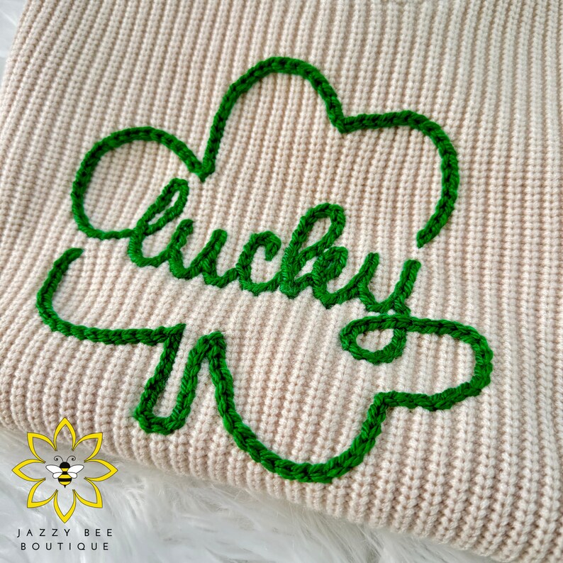 Hand Embroidered St. Patrick's Day Lucky Clover sweater, Baby sweater, Embroidered toddler sweater, Kids sweater, Lucky Clover Kids sweater image 1