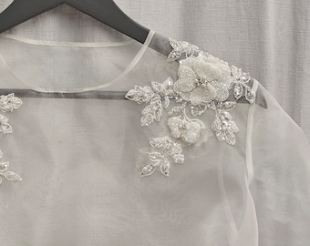 Silk organza bridal top, wedding separates, with 3D crystal and pearl shoulder motif detail