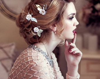 Set of 3 gold and blush pink crystal flower bridal hair pins