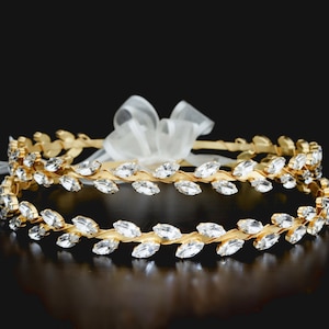 Gold Plated Stefana with Crystal &quot;Leaves&quot; for a Fairytale Orthodox Wedding, Code 300SG