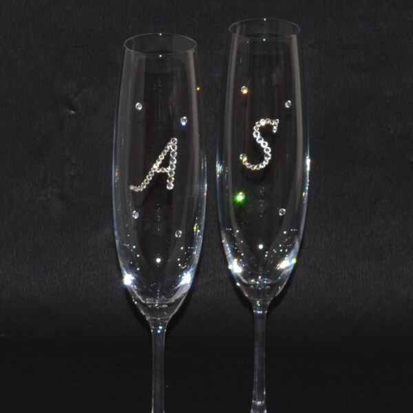 Pair of Personalized Crystal Champagne Flutes With Swarovski Initials, Code CH 014