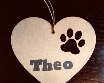 Hand painted heart & paw cut out Christmas Ornament