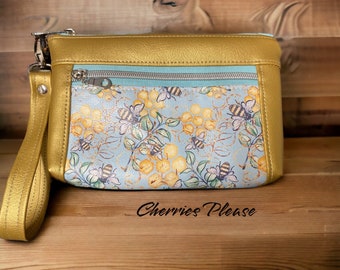 Devon wristlet , honey bee gold purse, small  cell  phone bag