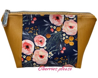 floral cosmetic bag,  Peek a boo makeup bag, beauty bag, travel bag, gold zipper pouch, gift for her