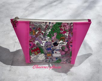 Vintage strawberry girl clear Christmas cosmetic bag, Zipper Peek a boo makeup bag, beauty bag, travel bag, 80’s cartoon
