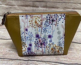 Gold floral cosmetic bag Zipper Peek a boo makeup bag, dandelion beauty bag, travel bag