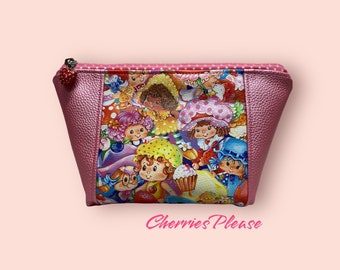 Vintage Strawberry Friends inspiriert rosa Kosmetiktasche, Zipper Peek a Boo Makeup-Tasche, Beauty-Tasche, Reisetasche