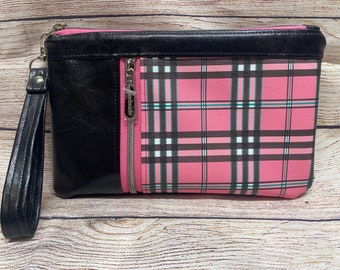 Pink plaid zippy clutch, wristlet cell phone purse , tartan vacation bag