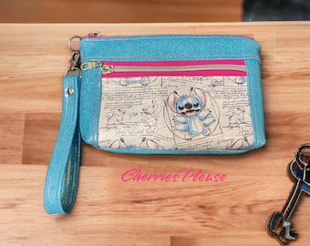 Devon wristlet , stitch inspired purse, small glitter cell  phone bag