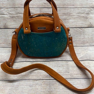 Small crossbody purse,  Circle Bag, Cork and faux leather handbag with handles