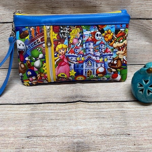 Vintage video game inspired zippy Mario clutch wristlet peach castle purse bros travel bag