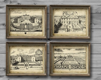 English Country Estate Architectural Drawing set de 4 décors d’art mural intérieur traditionnel non encadrés