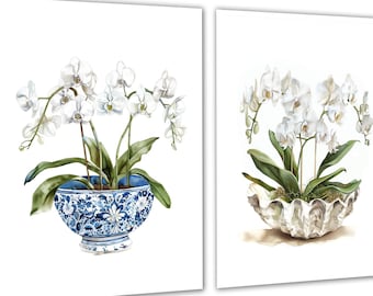 Elegant vit orkidé set med 2 orammade konsttryck Chinoiserie chic kustnära Hamptons väggdekor för sofistikerade interiörer