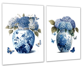 Chinoiserie Wall Art set of 2 Watercolor Floral Prints Ginger Jar Hydrangea Blue and White Hamptons Decor Mothers Day Gift