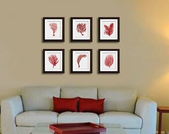 Beach decor, Red Sea Coral art, set of 6 wall art prints,  bold red accent wall art, beach decor, coral art