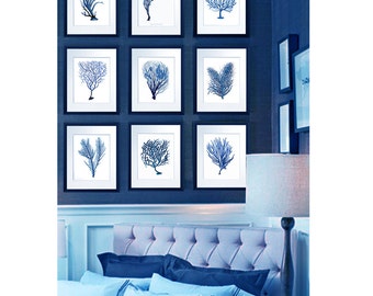 Blue Sea Coral set of 9 unframed Wall art for bedroom blue coastal decor