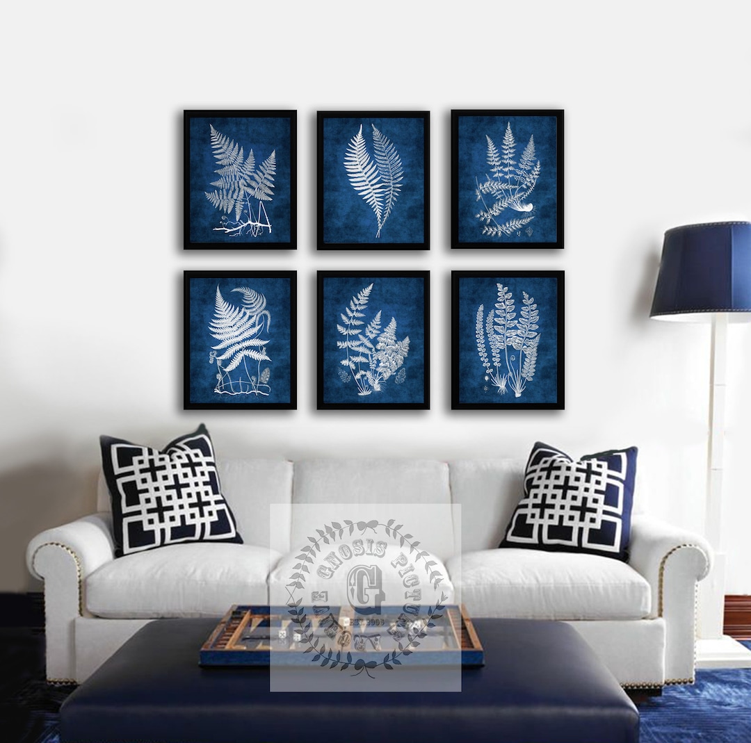 Hampton Style Navy Blue and White Wall Art Botanical Fern Wall Art ...