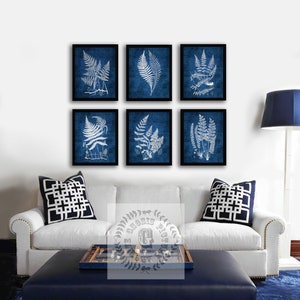 Hampton Style Navy Blue and White Wall Art Botanical Fern Wall Art Prints set of 6, great as housewarming gift!