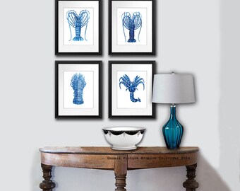 Blue Lobster Art Prints set of 4 Unframed Coastal Kitchen Wall Decor