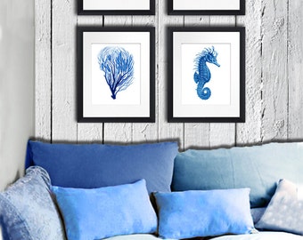 Coastal Decor Print set de 4 Blue Sea Coral Fan Seahorse Starfish Ocean Life Art Beach Home Decor Wall Art Sea Art Print 8x10 Gnose