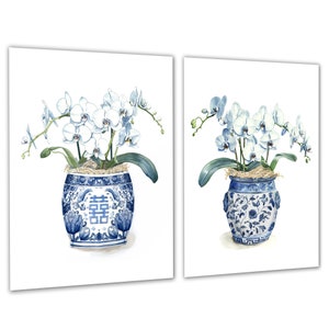 Chinoiserie Double Happiness Wall Art White Orchid Watercolor Prints Set of 2 Unframed Art