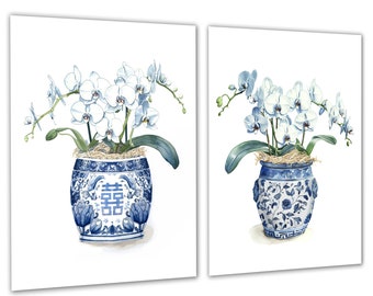 Väggkonst Chinoiserie Double Happiness Vit orkidé Akvarelltryck Set med 2 orammade konstverk