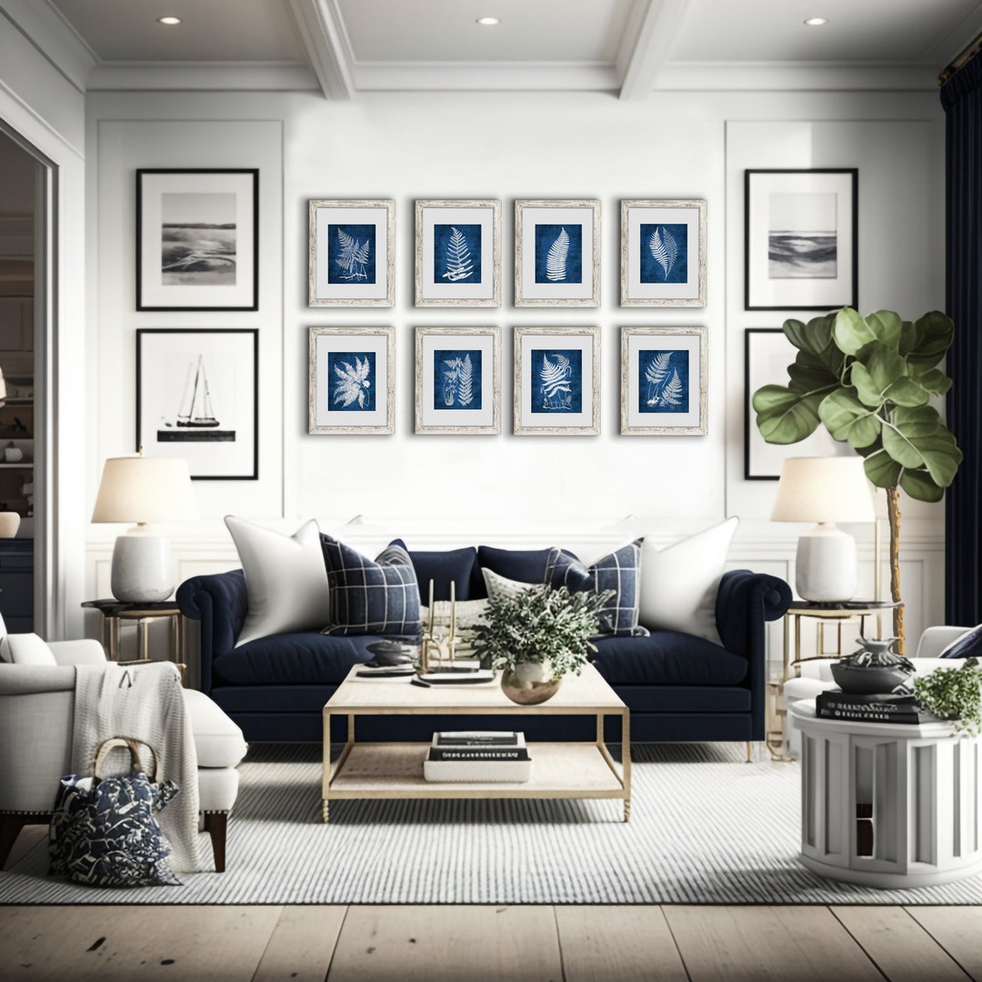 Hampton Style Navy Blue and White Wall Art Botanical Fern Wall Art ...