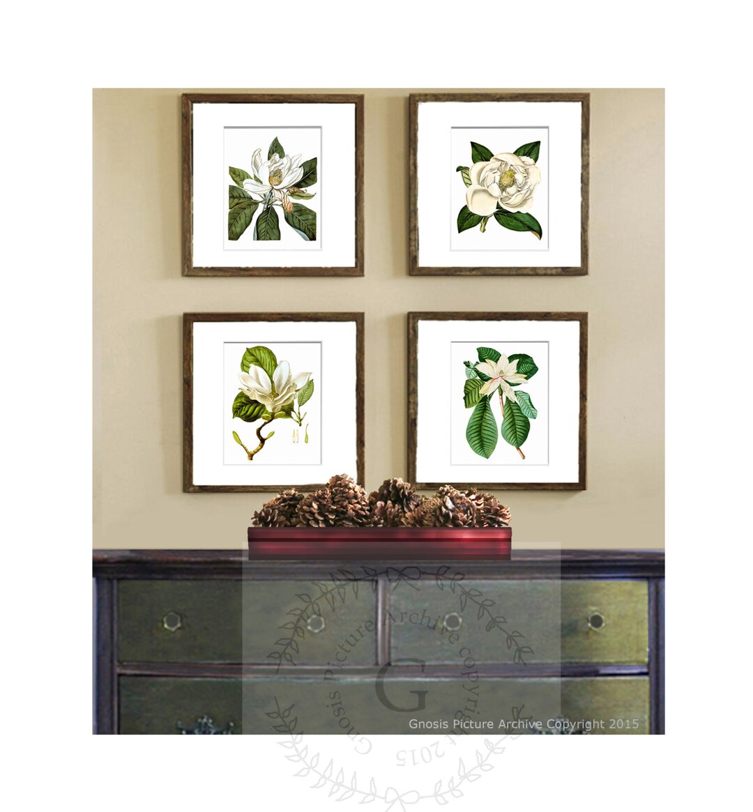 Magnolia Art Decor BOTANICAL PRINT Set of 4 White Magnolia Flower Art ...