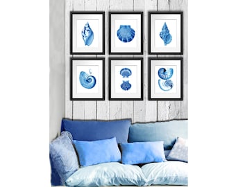 Seashell Art, Blue Seashell Prints, set of 6 Antique Seashell Illustrations, Seashells, Seashell Print Set, Blue White, Beach Art Gnosis