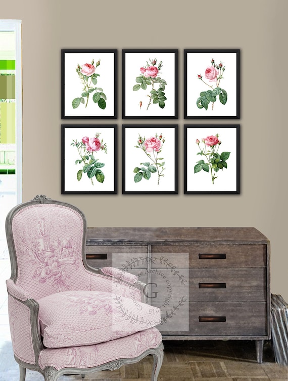 Gifts for mom, Pink Roses Art Prints set of 6 unframed Redoute roses,  pink rose art, pink rose artwork, pink rose wall decor,