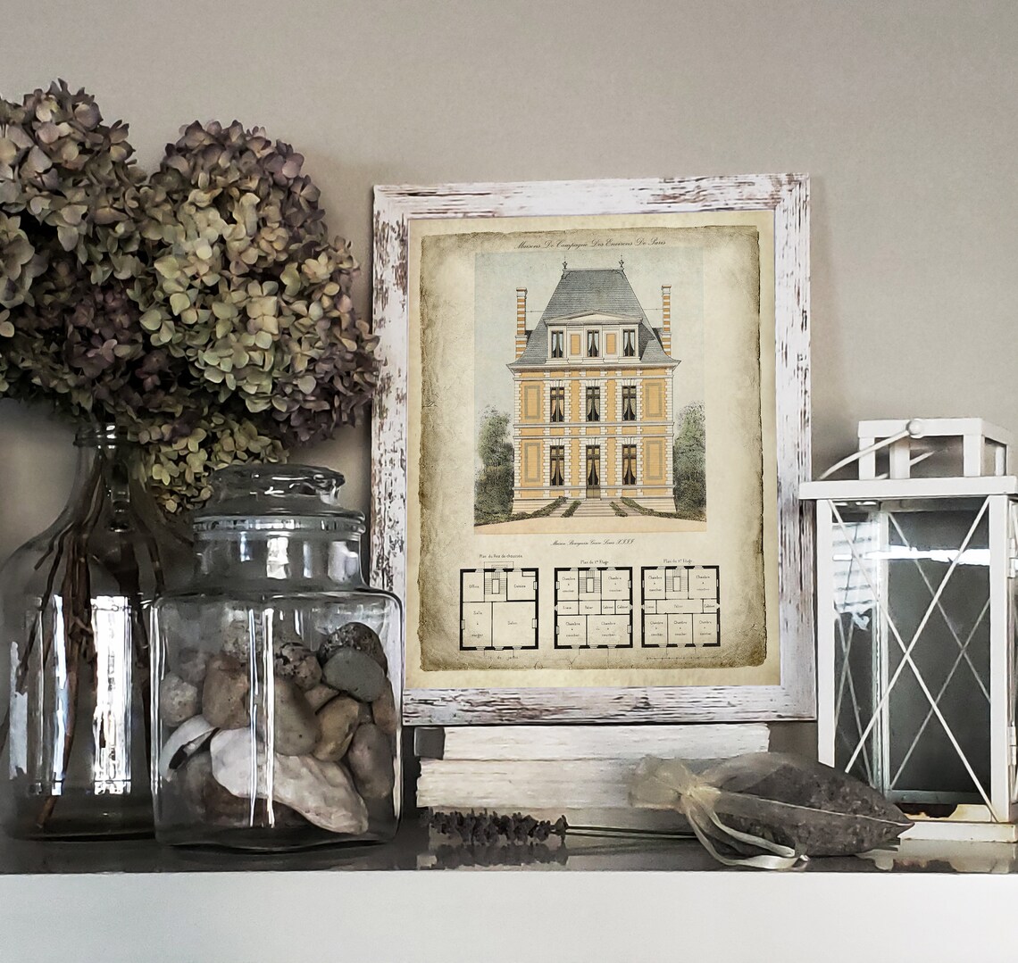 French Country Decor Wall Art Parisian Architectural Illustration House ...
