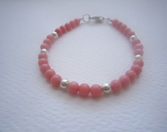 Girls Pink Silver Bracelet. Coral Toddler and Child Bracelet. Flower Girl Bracelet.