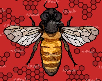 Bee on Red Pop Art Print Honeybee Bumblebee