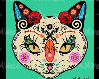 Sugar Skull Cat  Pop Art Print 8x8